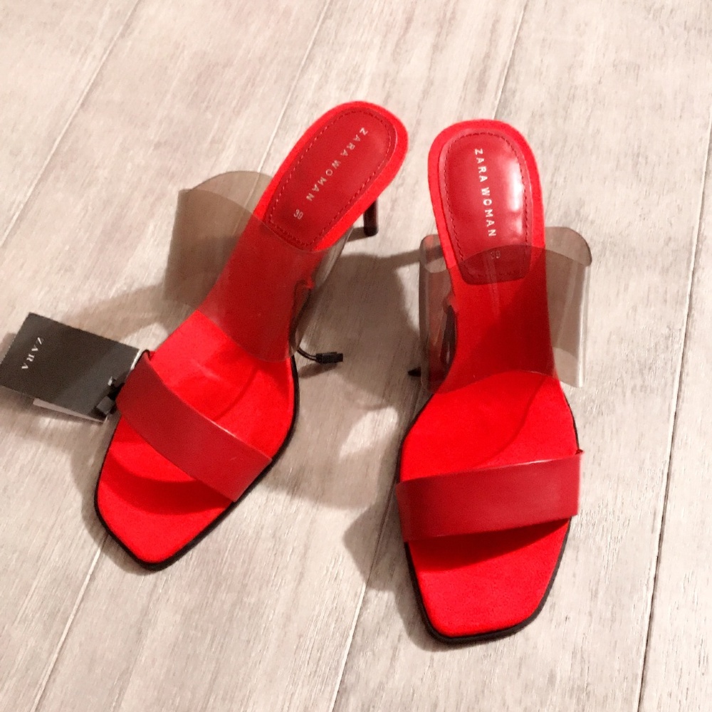 ZARA Vinyl Sandals:Red, US 7.5, 8/EUR 38, 39